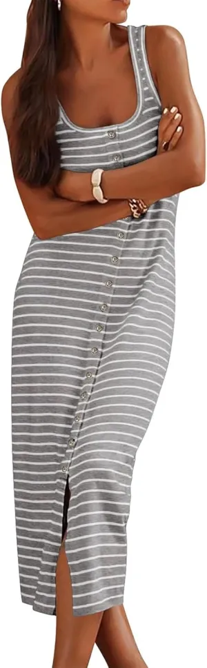 Women's Casual Summer Sleeveless Dress U Neck Striped Tank Midi Dresses Bodycon T Shirt Dress Loose Split Maxi Dresses