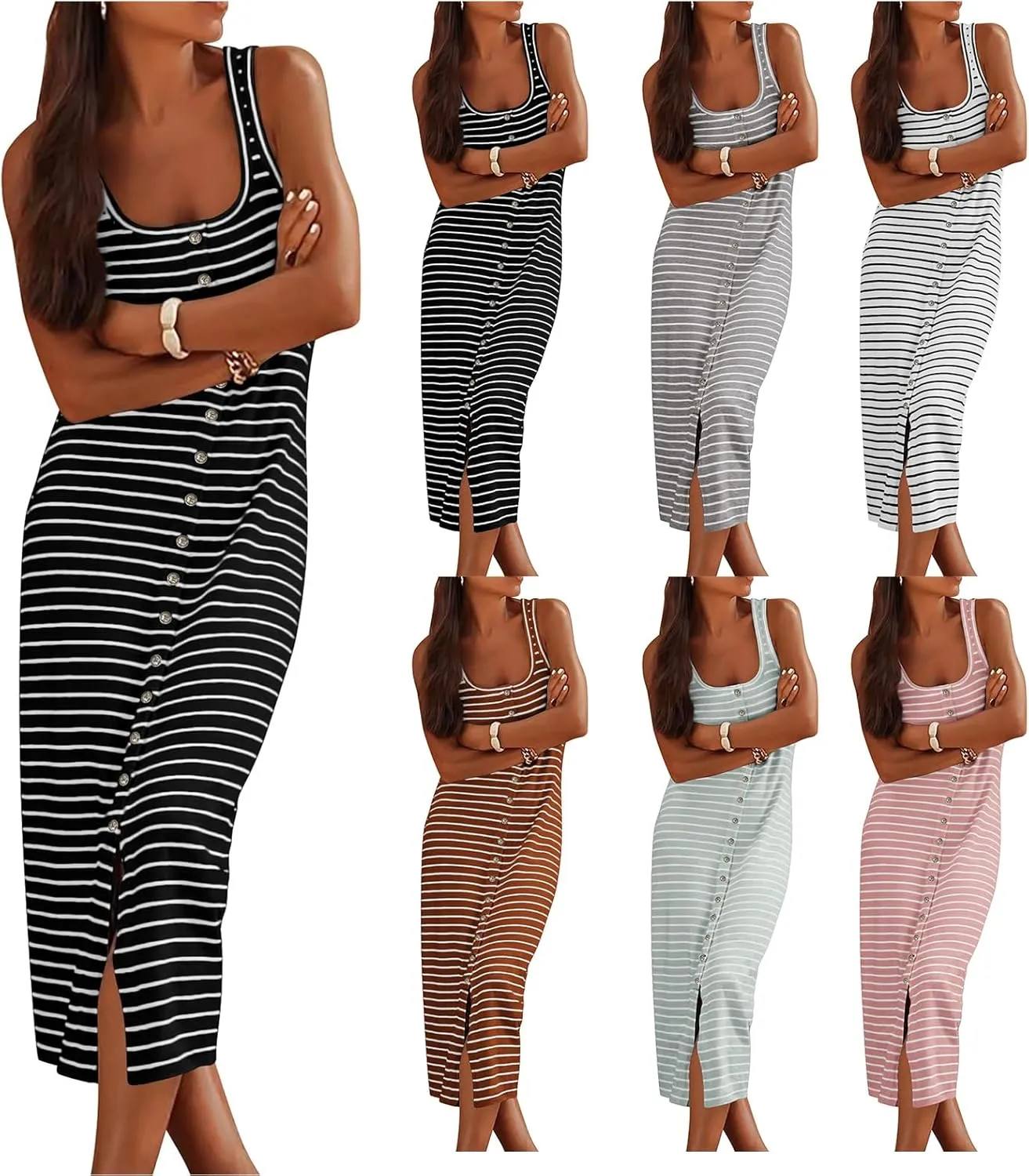Women's Casual Summer Sleeveless Dress U Neck Striped Tank Midi Dresses Bodycon T Shirt Dress Loose Split Maxi Dresses