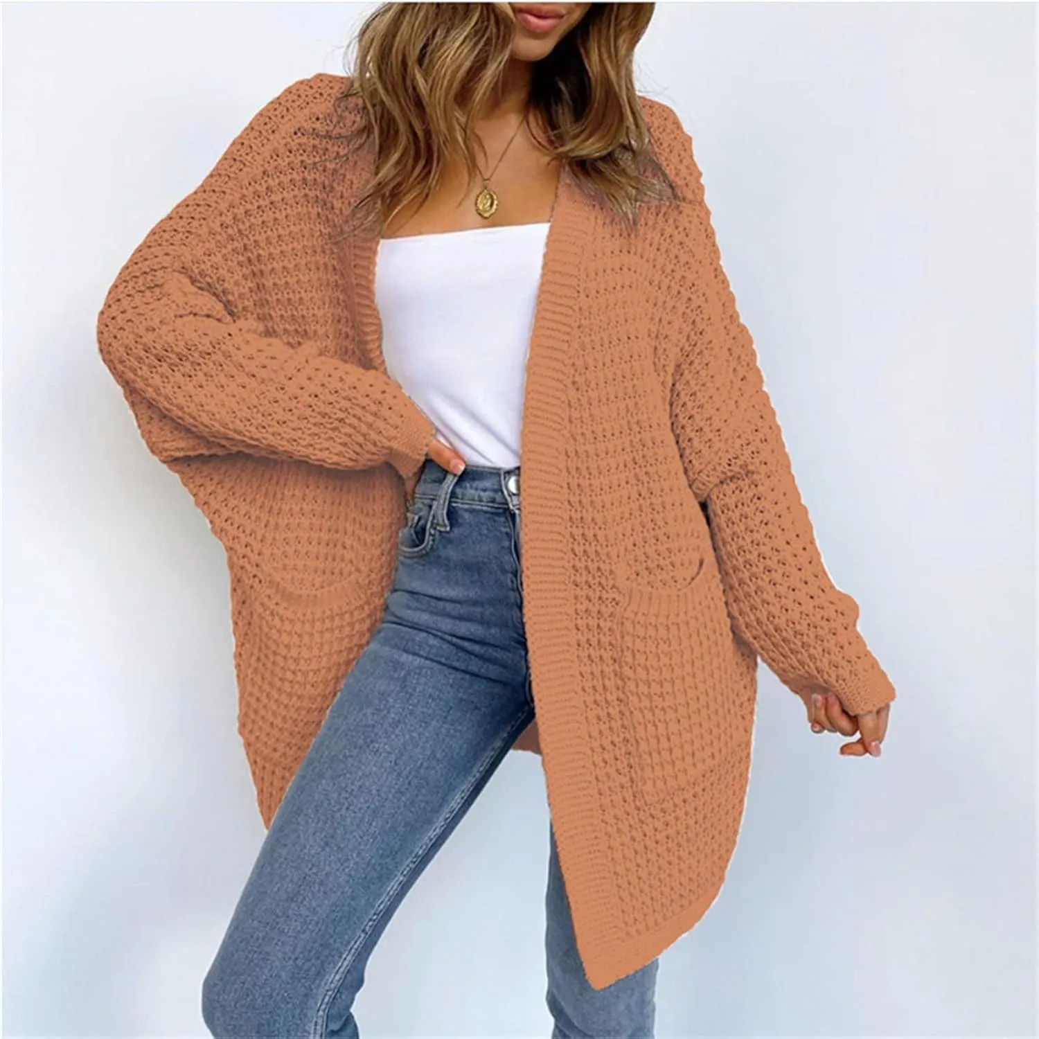 Women's Chunky Knit Open Front Cardigan Oversized Long Sleeve Sweater Ribbed Lighweight Dressy Casual Outwear