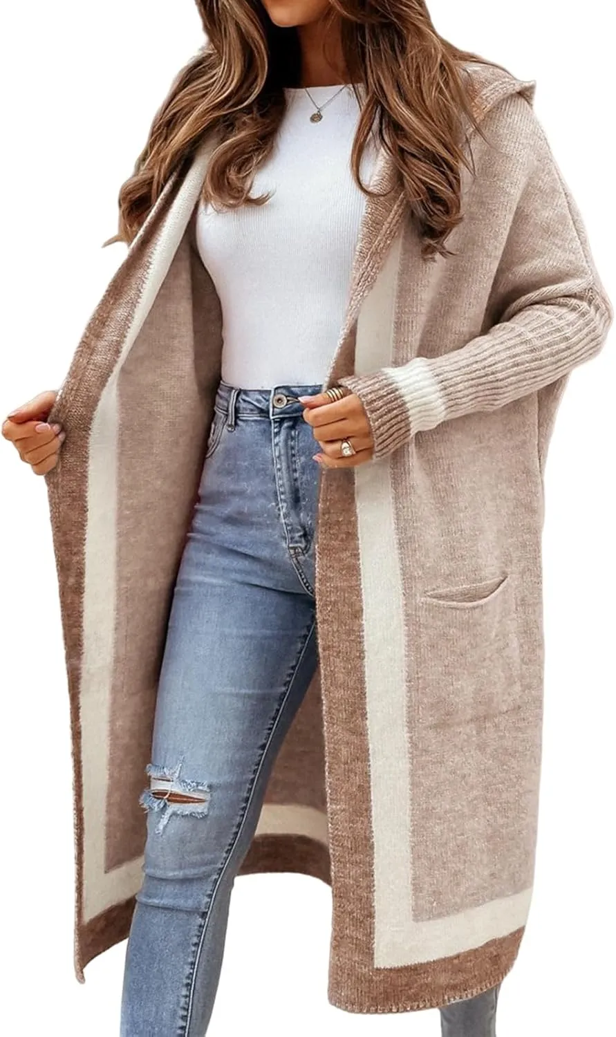 Womens Color Block Hooded Cardigans Oversized Open Front Long Cardigan Sweaters Winter Coat with Pockets 2024