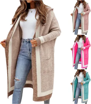 Womens Color Block Hooded Cardigans Oversized Open Front Long Cardigan Sweaters Winter Coat with Pockets 2024