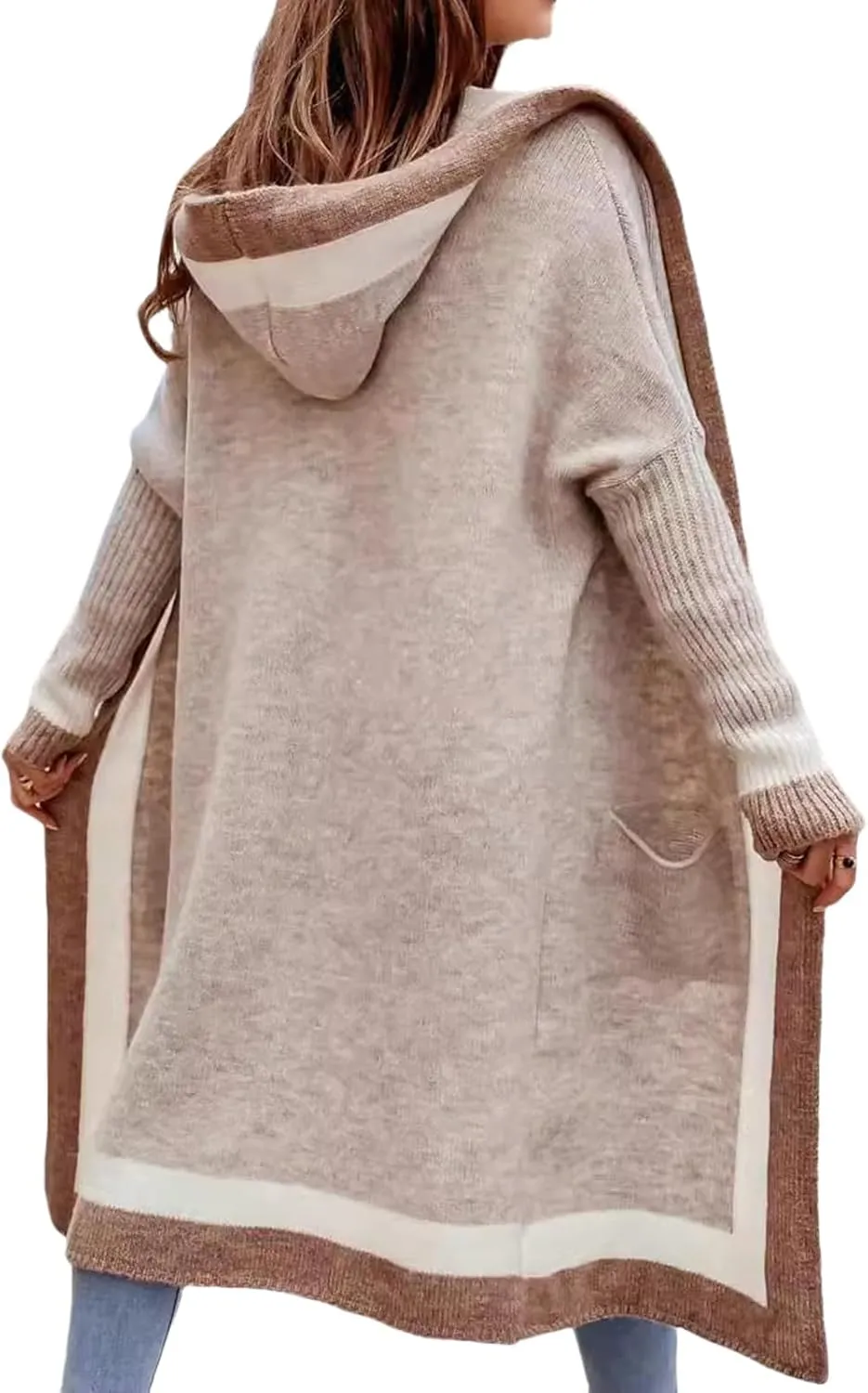 Womens Color Block Hooded Cardigans Oversized Open Front Long Cardigan Sweaters Winter Coat with Pockets 2024