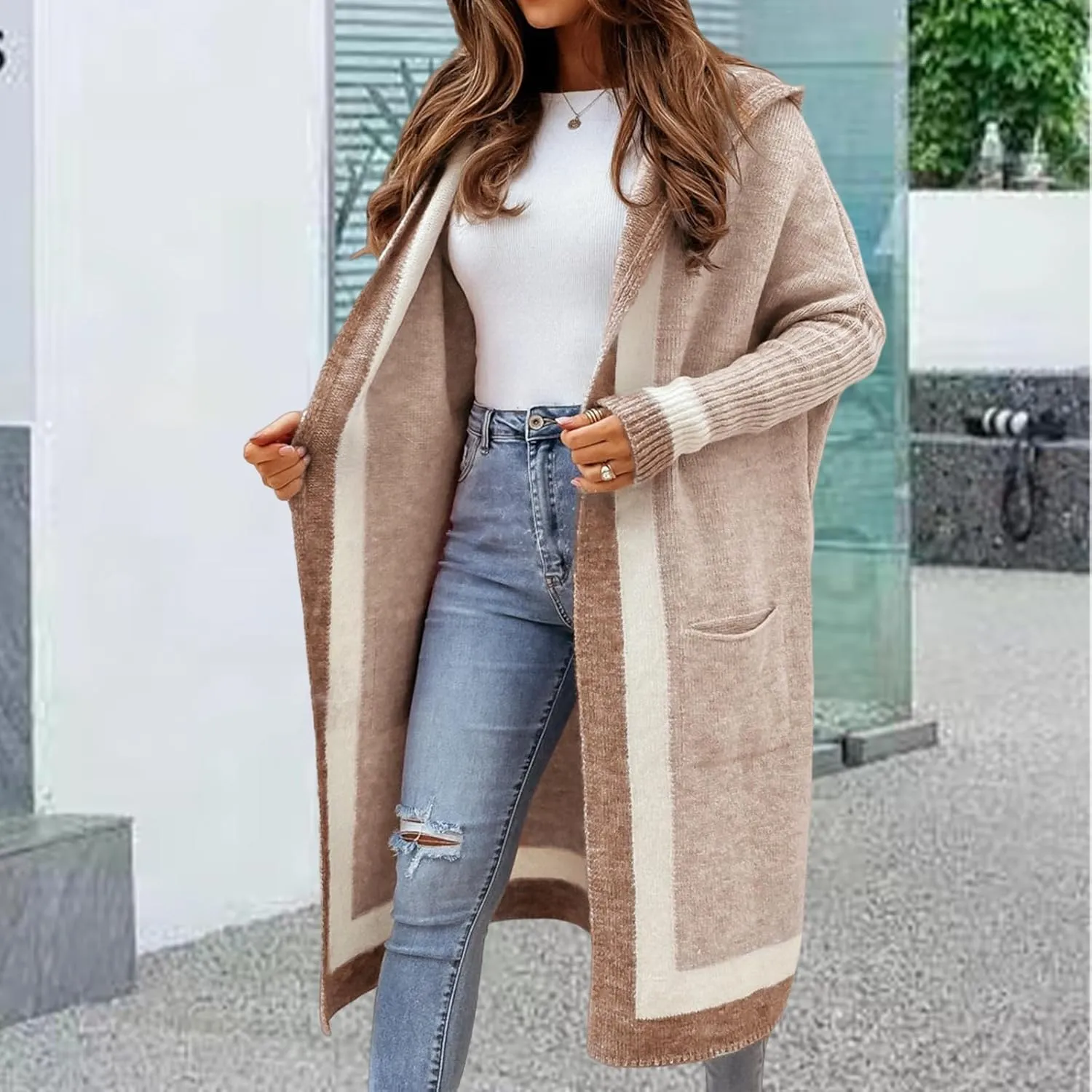 Womens Color Block Hooded Cardigans Oversized Open Front Long Cardigan Sweaters Winter Coat with Pockets 2024