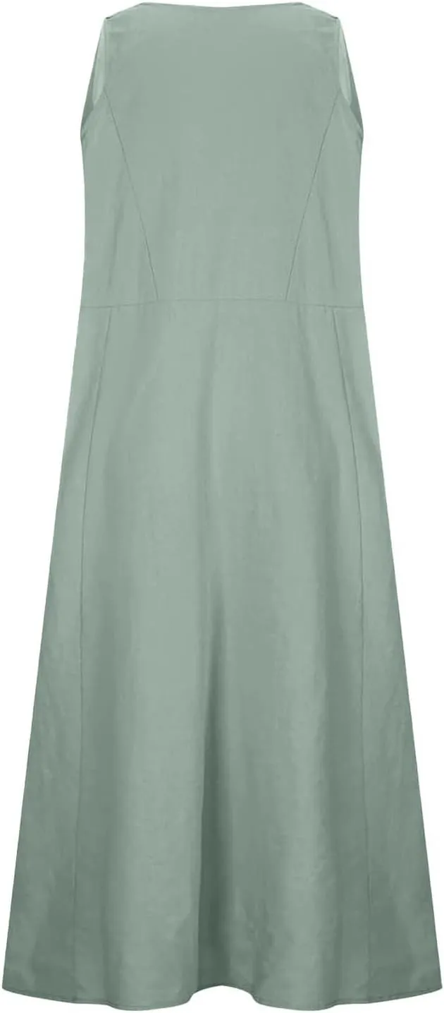 Womens Cotton Linen Sleeveless Beach Dresses Pocket Dress Splice Loose Dress Tiered Flowy Long with Pockets