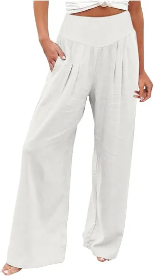 Women's Cotton Linen Summer Floral Pant Trousers High Waist Stretchy Plus Size Pants Beach