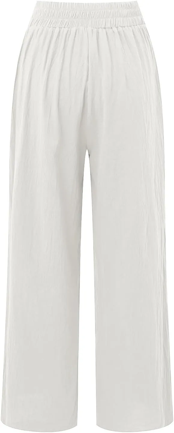 Women's Cotton Linen Summer Floral Pant Trousers High Waist Stretchy Plus Size Pants Beach