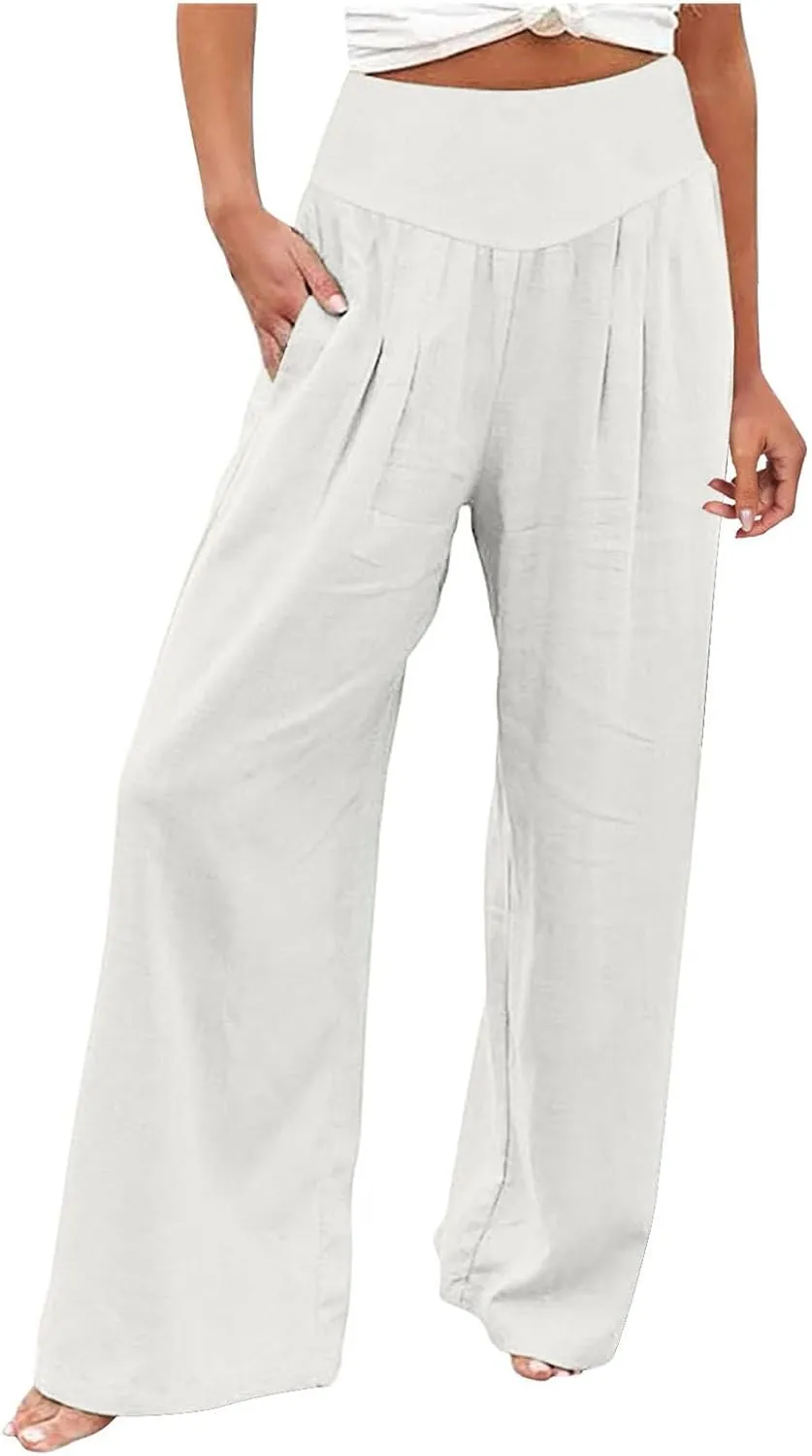 Women's Cotton Linen Summer Floral Pant Trousers High Waist Stretchy Plus Size Pants Beach
