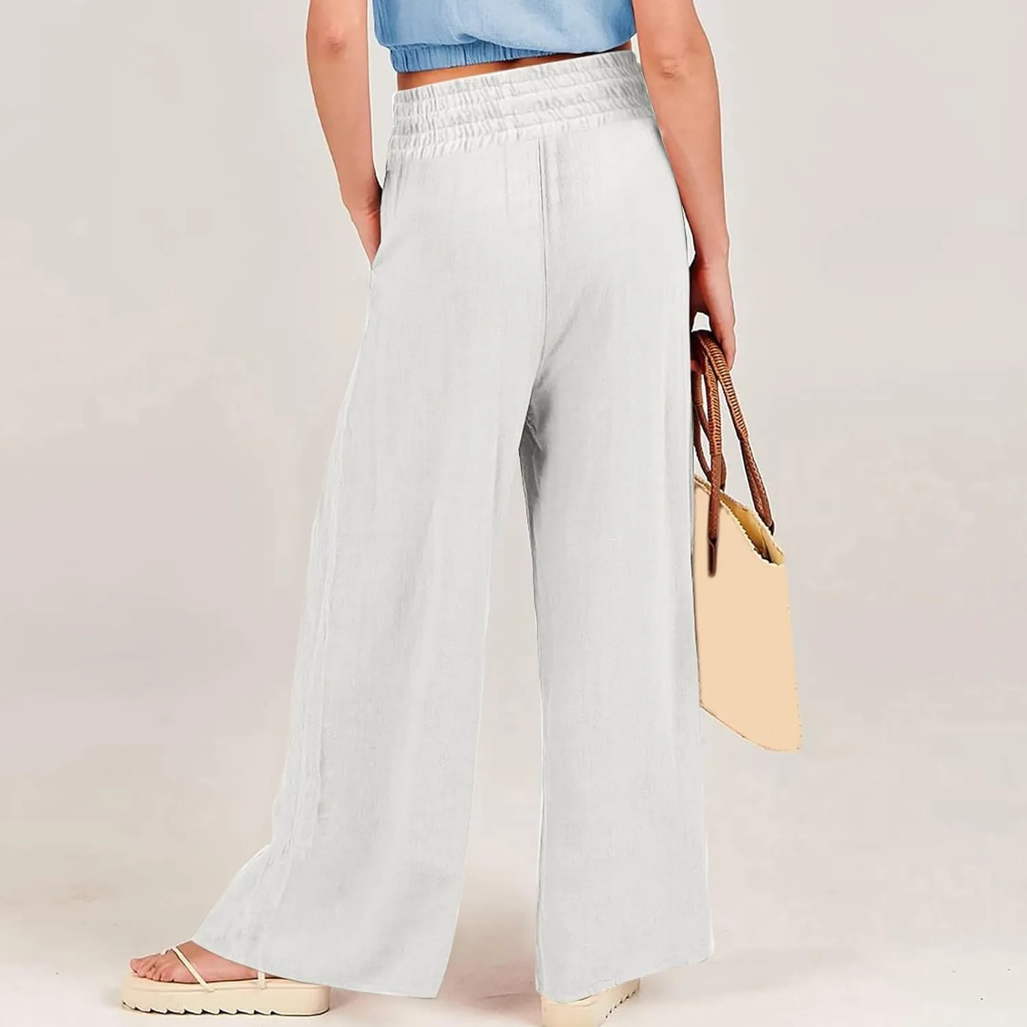 Women's Cotton Linen Summer Floral Pant Trousers High Waist Stretchy Plus Size Pants Beach