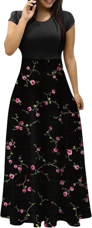 Women's Crew Neck Boho Maxi Dress Casual Elegant Short Sleeve Dress Floral Printed 2025 Spring Summer Dresses