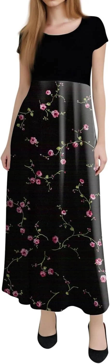 Women's Crew Neck Boho Maxi Dress Casual Elegant Short Sleeve Dress Floral Printed 2025 Spring Summer Dresses