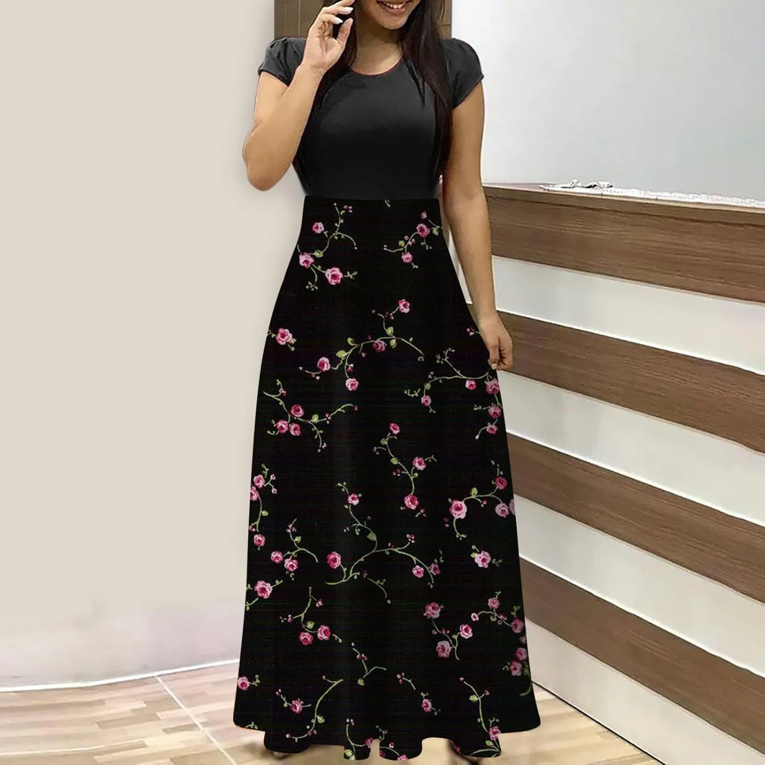 Women's Crew Neck Boho Maxi Dress Casual Elegant Short Sleeve Dress Floral Printed 2025 Spring Summer Dresses