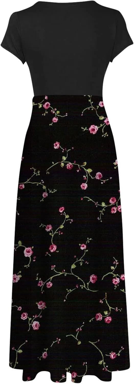 Women's Crew Neck Boho Maxi Dress Casual Elegant Short Sleeve Dress Floral Printed 2025 Spring Summer Dresses