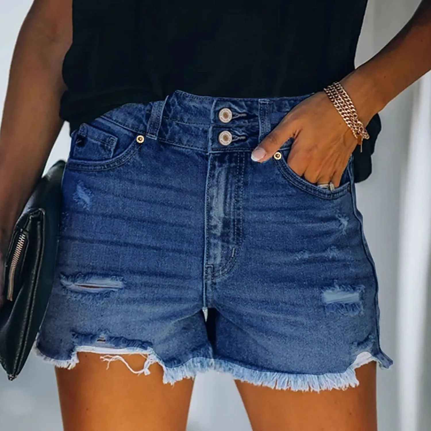 Women's Cut Off Denim Shorts High Waisted Ripped Distressed Jean Shorts Frayed Hem Casual Denim Hot Short with Pocket