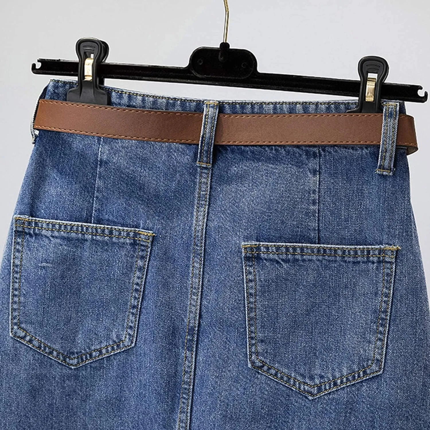 Women's Denim Skirts Casual Stretch Split Front High Waist Washed Denim A-line Long Jeans Skirt for Summer