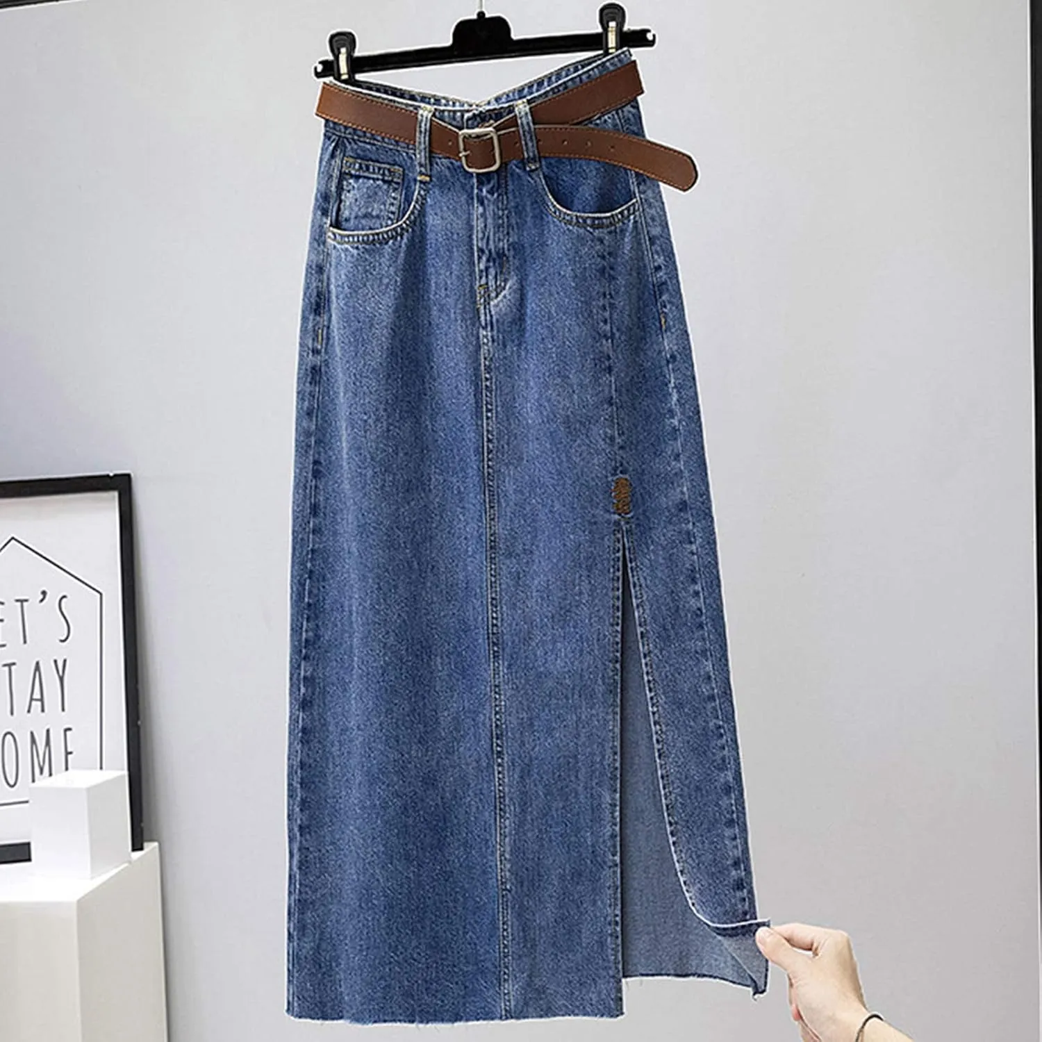 Women's Denim Skirts Casual Stretch Split Front High Waist Washed Denim A-line Long Jeans Skirt for Summer