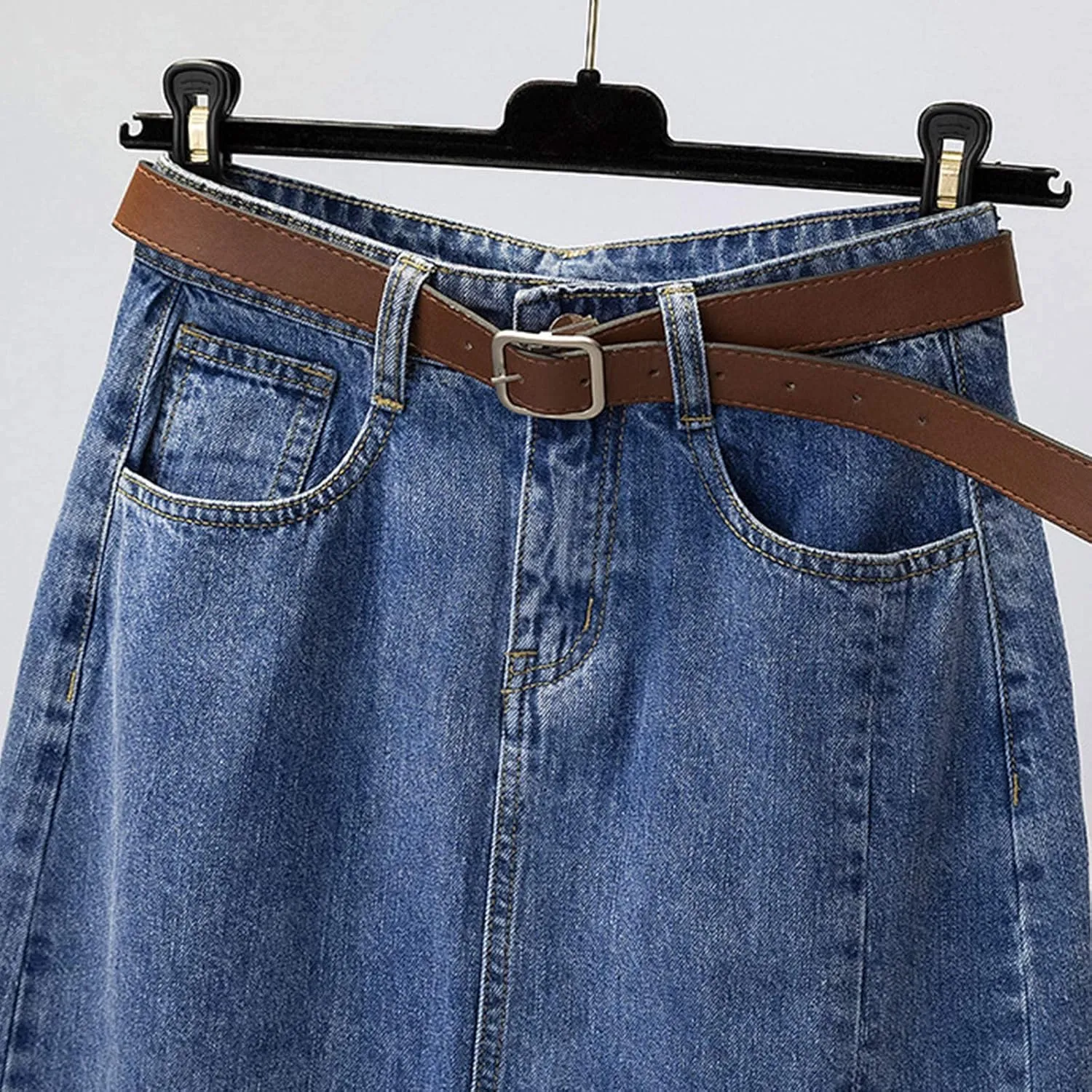 Women's Denim Skirts Casual Stretch Split Front High Waist Washed Denim A-line Long Jeans Skirt for Summer