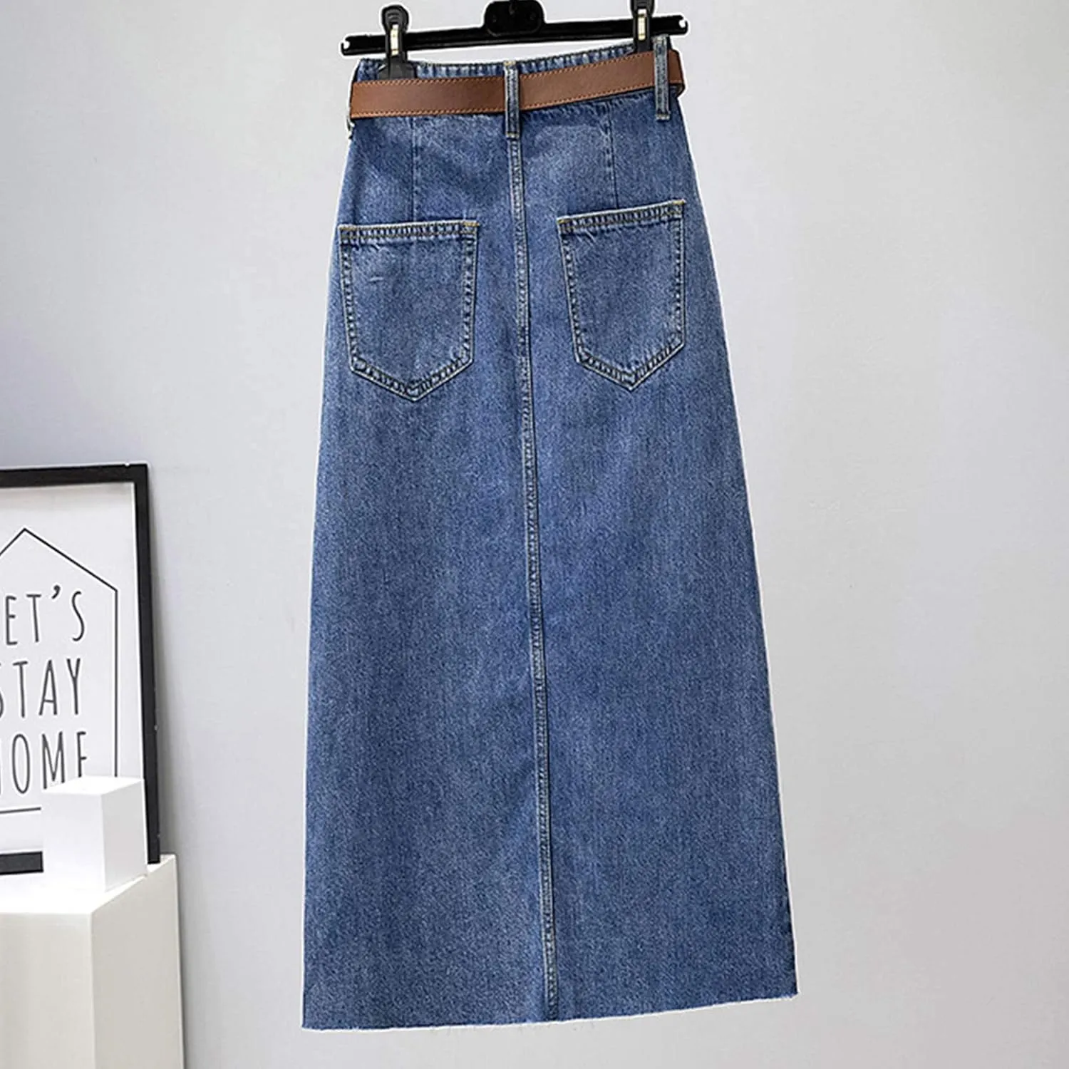 Women's Denim Skirts Casual Stretch Split Front High Waist Washed Denim A-line Long Jeans Skirt for Summer
