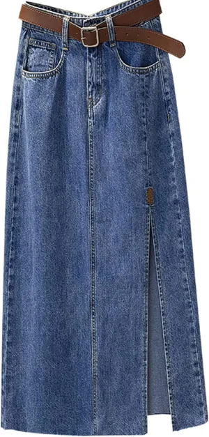 Women's Denim Skirts Casual Stretch Split Front High Waist Washed Denim A-line Long Jeans Skirt for Summer