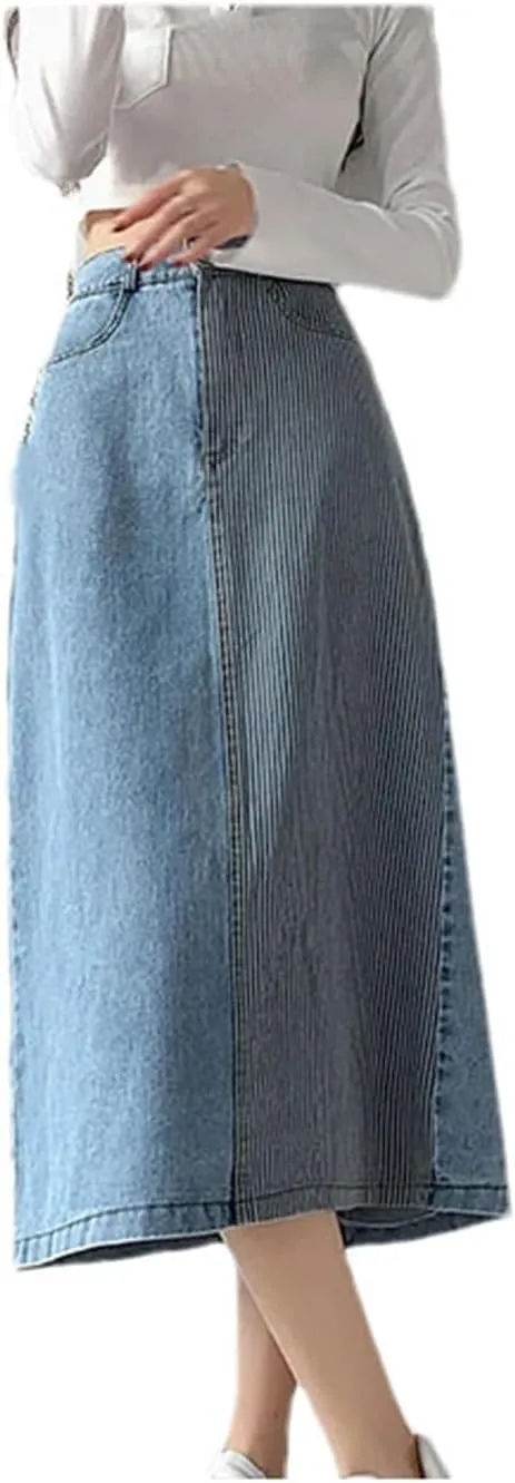 Women's Denim Skirts Spring Summer Vintage High Waist Patchwork Casual Midi Skirts