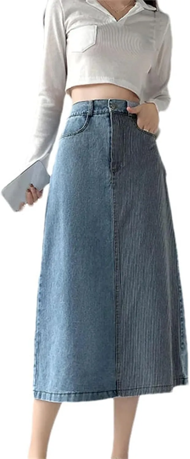 Women's Denim Skirts Spring Summer Vintage High Waist Patchwork Casual Midi Skirts