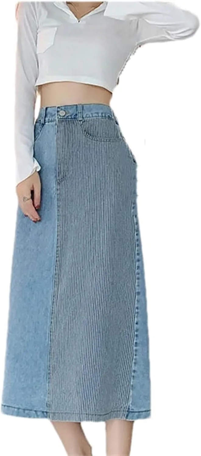 Women's Denim Skirts Spring Summer Vintage High Waist Patchwork Casual Midi Skirts