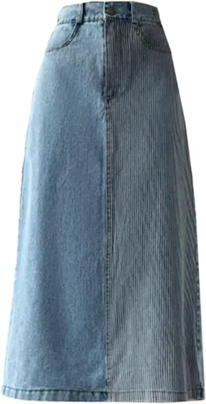 Women's Denim Skirts Spring Summer Vintage High Waist Patchwork Casual Midi Skirts