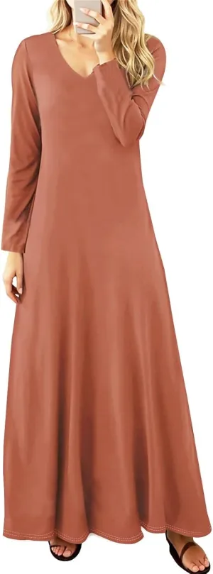 Women's Elegant Loose Solid Color Long Dress V-Neck Long Sleeve Sexy Spring Dresses