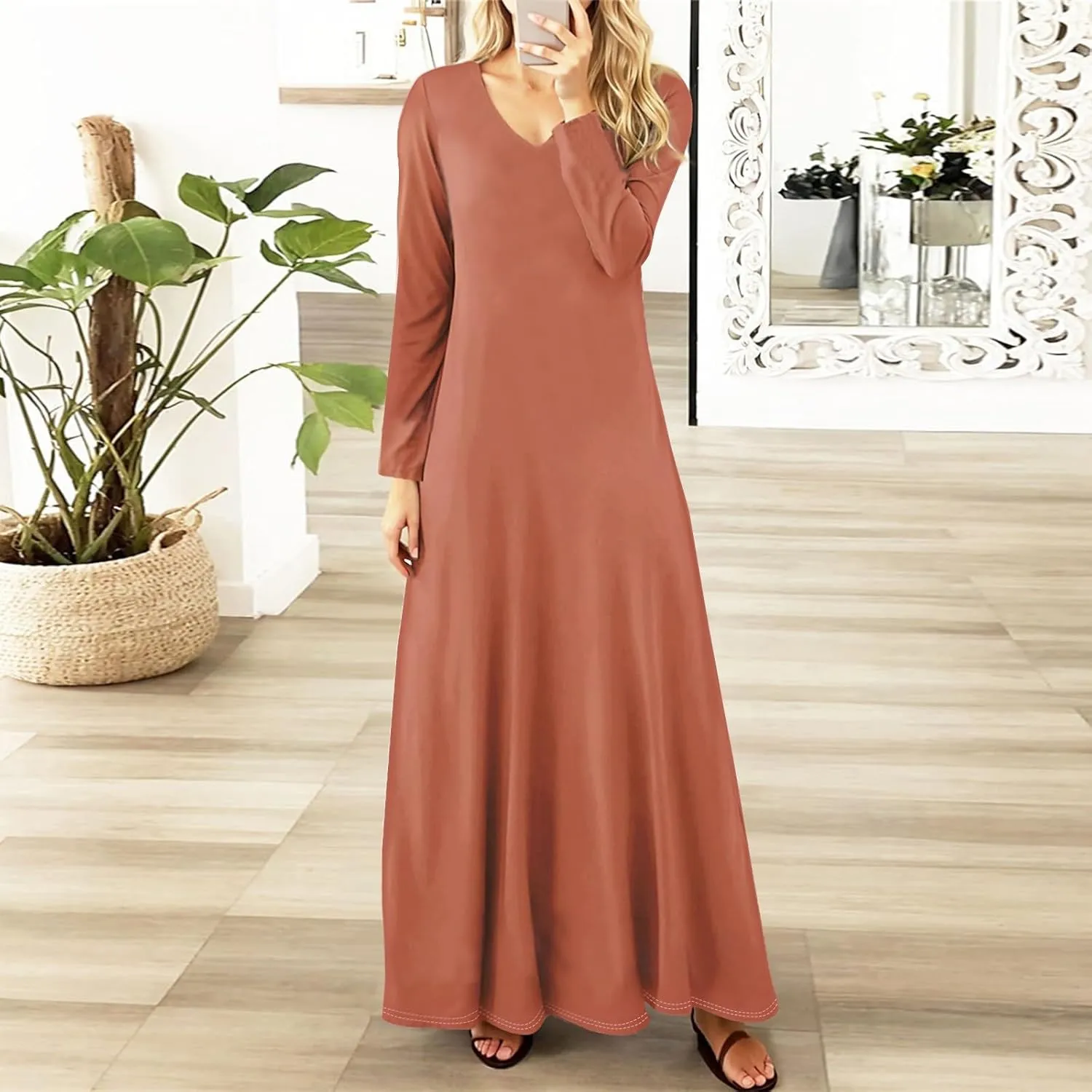 Women's Elegant Loose Solid Color Long Dress V-Neck Long Sleeve Sexy Spring Dresses