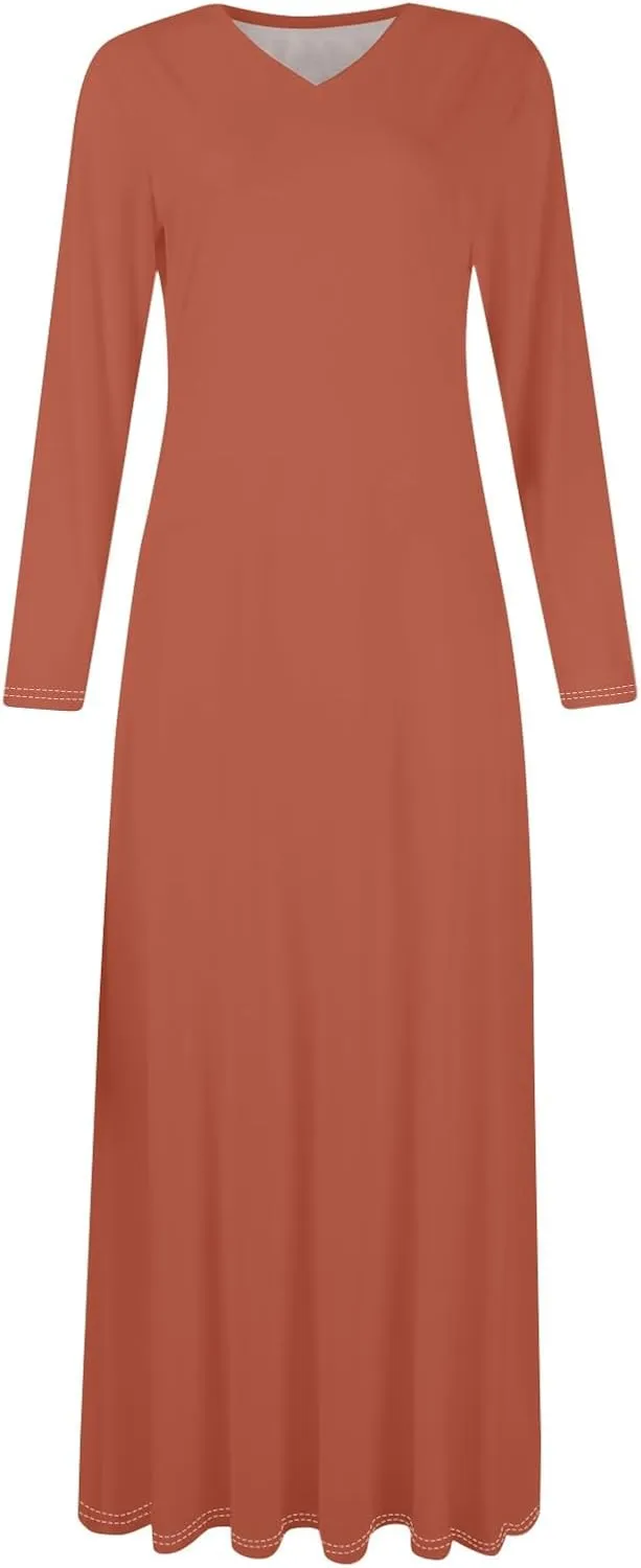 Women's Elegant Loose Solid Color Long Dress V-Neck Long Sleeve Sexy Spring Dresses