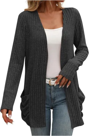 Womens Fall Open Front Cardigan Lightweight Soft Ribbed Knit Cardigan Sweaters Long Sleeve Coat Outwear with Pockets