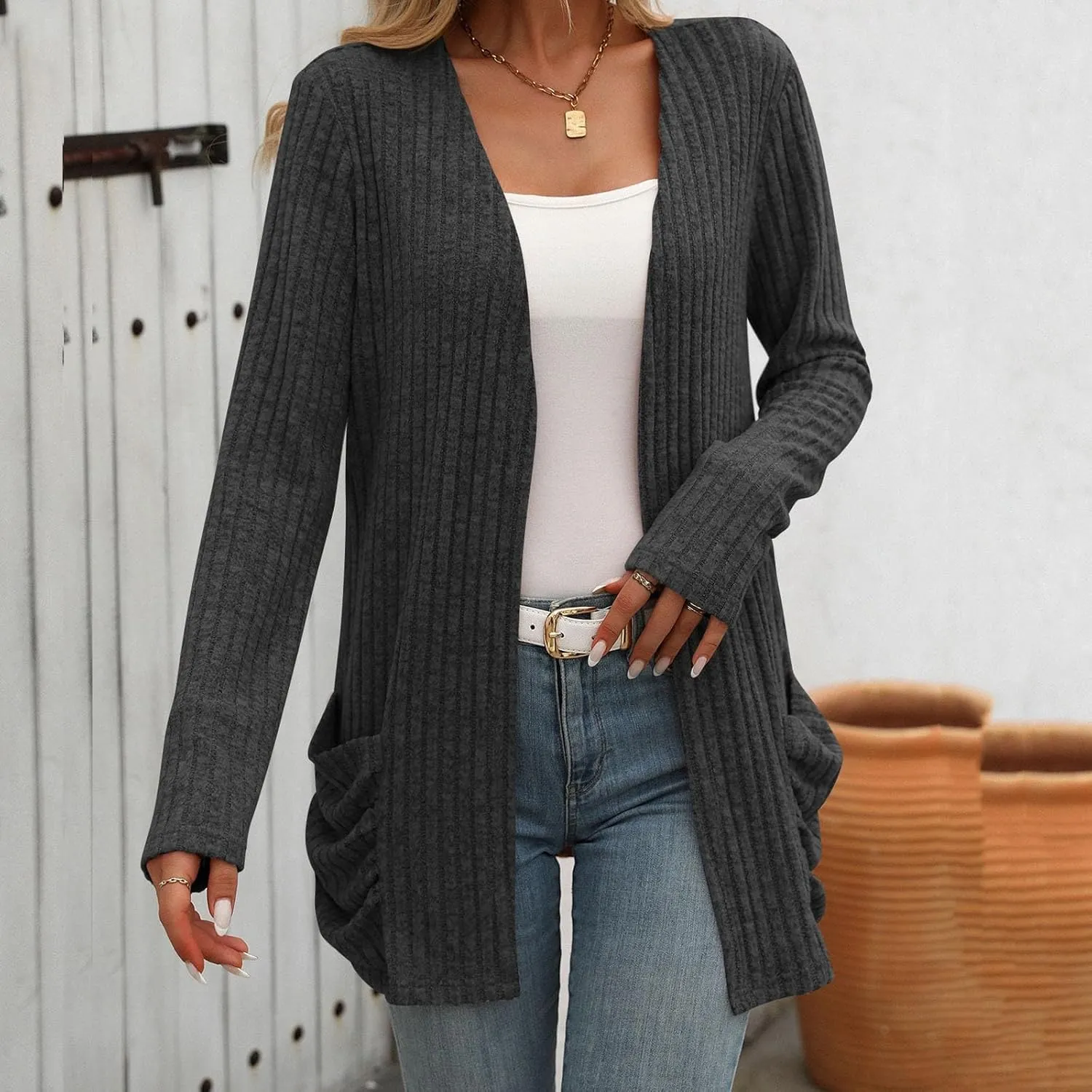 Womens Fall Open Front Cardigan Lightweight Soft Ribbed Knit Cardigan Sweaters Long Sleeve Coat Outwear with Pockets