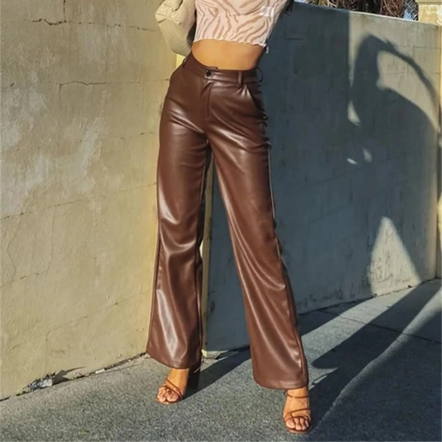 Women's Faux Leather Pants High Waisted Straight Leg PU Trousers Soft Relaxed Fit Leather Pants with Pockets