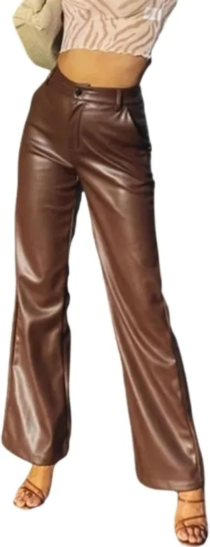 Women's Faux Leather Pants High Waisted Straight Leg PU Trousers Soft Relaxed Fit Leather Pants with Pockets
