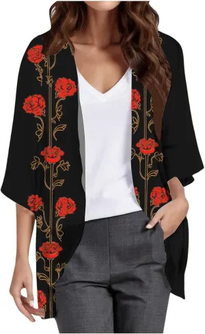 Womens Floral Chiffon Kimono Cardigans Casual Summer Lightweight Beach Cover Up 3/4 Sleeve Oversized Beach Vacation Tops