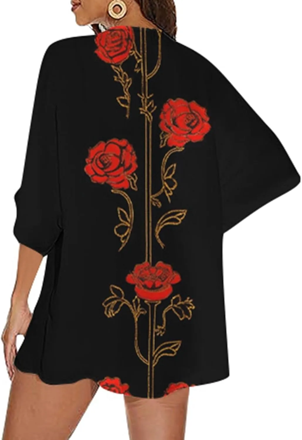 Womens Floral Chiffon Kimono Cardigans Casual Summer Lightweight Beach Cover Up 3/4 Sleeve Oversized Beach Vacation Tops