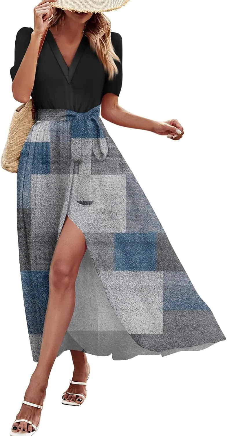 Women's Floral Dress Summer Casual Loose Trendy Short Sleeve V-Neck Printed Sun Beach Boho Vacation Maxi Dresses, S-2XL