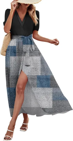 Women's Floral Dress Summer Casual Loose Trendy Short Sleeve V-Neck Printed Sun Beach Boho Vacation Maxi Dresses, S-2XL