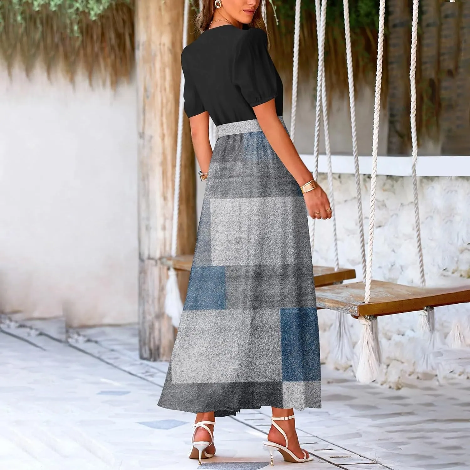 Women's Floral Dress Summer Casual Loose Trendy Short Sleeve V-Neck Printed Sun Beach Boho Vacation Maxi Dresses, S-2XL