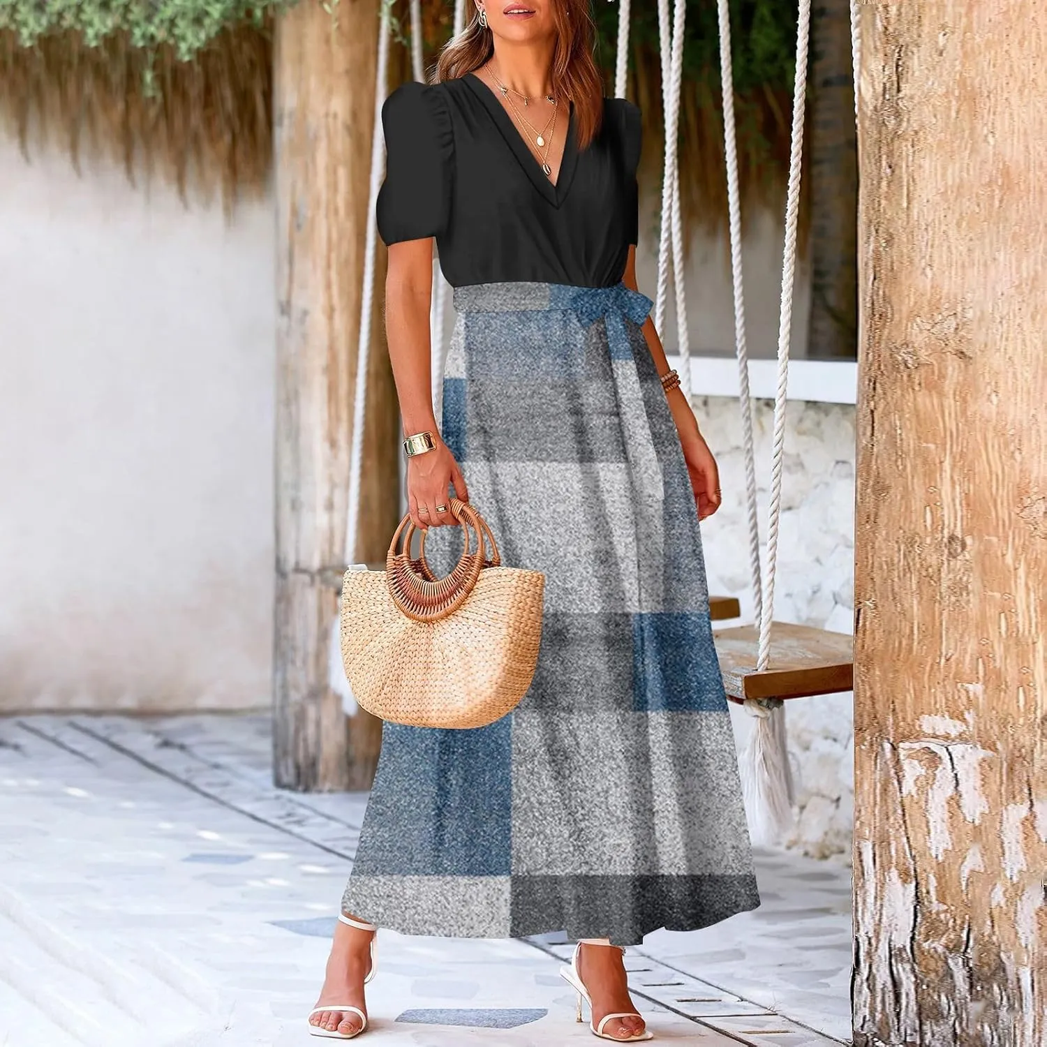 Women's Floral Dress Summer Casual Loose Trendy Short Sleeve V-Neck Printed Sun Beach Boho Vacation Maxi Dresses, S-2XL