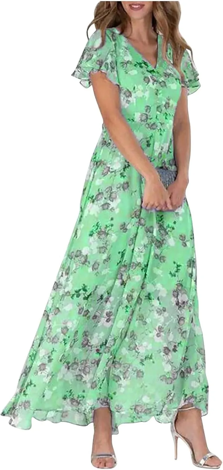 Womens Floral Maxi Dresses Casual Summer Ruffle Sleeve V Neck Dress Trendy Flowy Wrap Long Dress Chiffon Beach Dresses