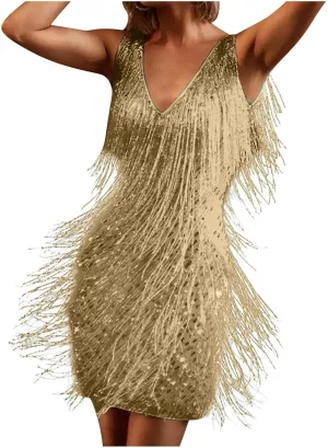 Womens Fringed Midi Skirt V Neck Sleeveless Sexy Dress for Women Casual Solid Elegant Nightclub Party Dress Outfits