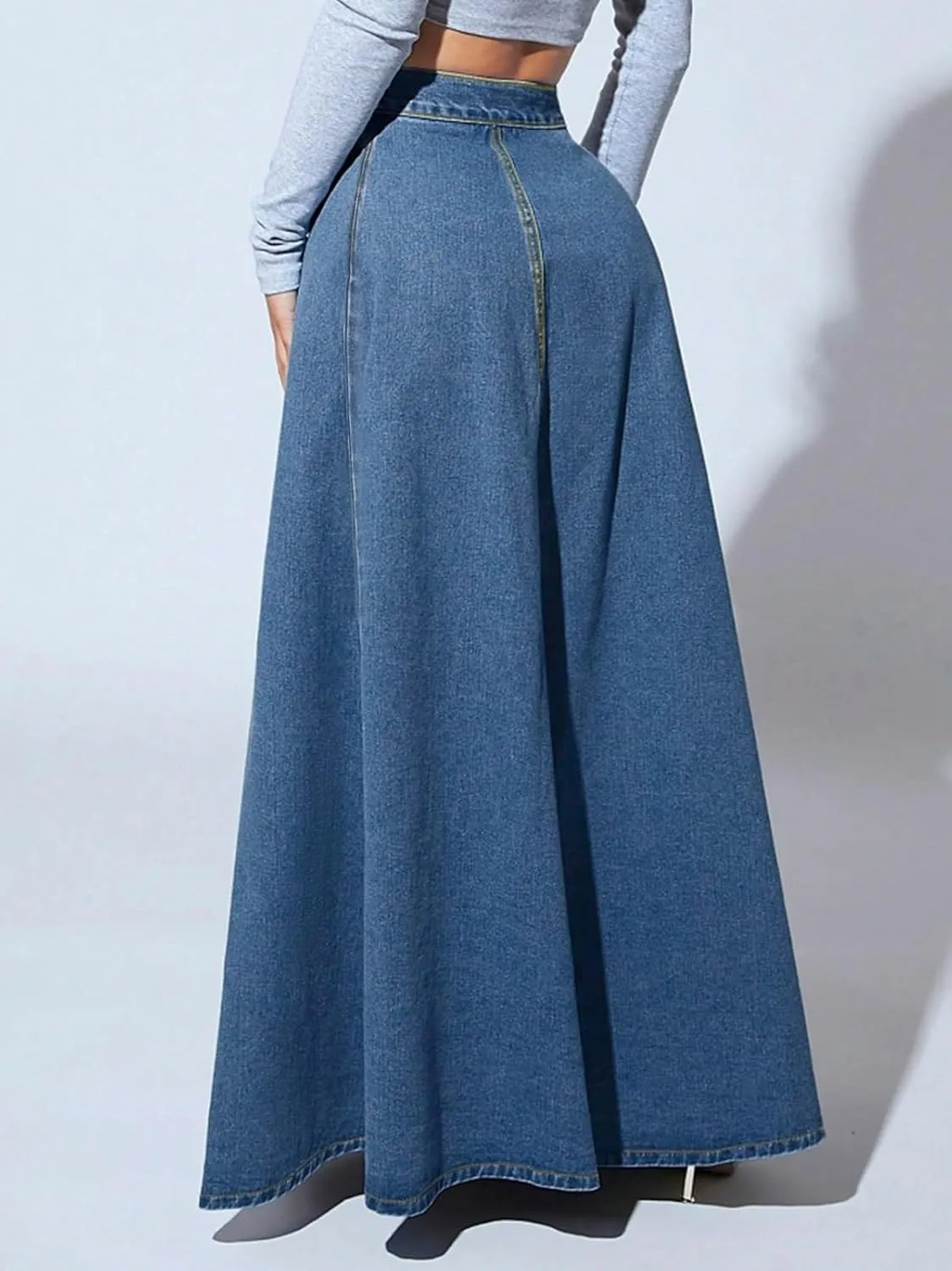 Women's Full-Length Denim Skirt High Waisted Button-Fly Flared Long Jean Skirts Flowy Denim Skirts
