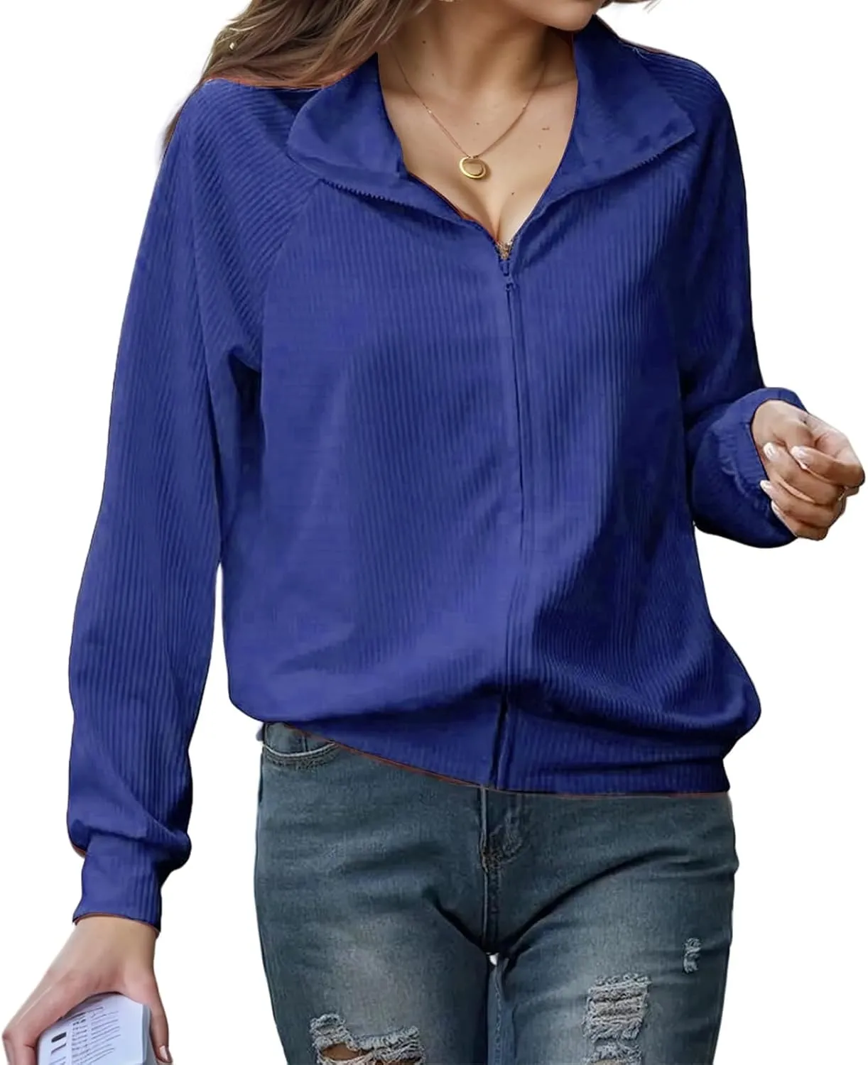 Womens Full Zip Up Jacket Casual Loose Knit Long Sleeve Sweatshirt Jackets Winter Lightweight Lapel Coat Outwear