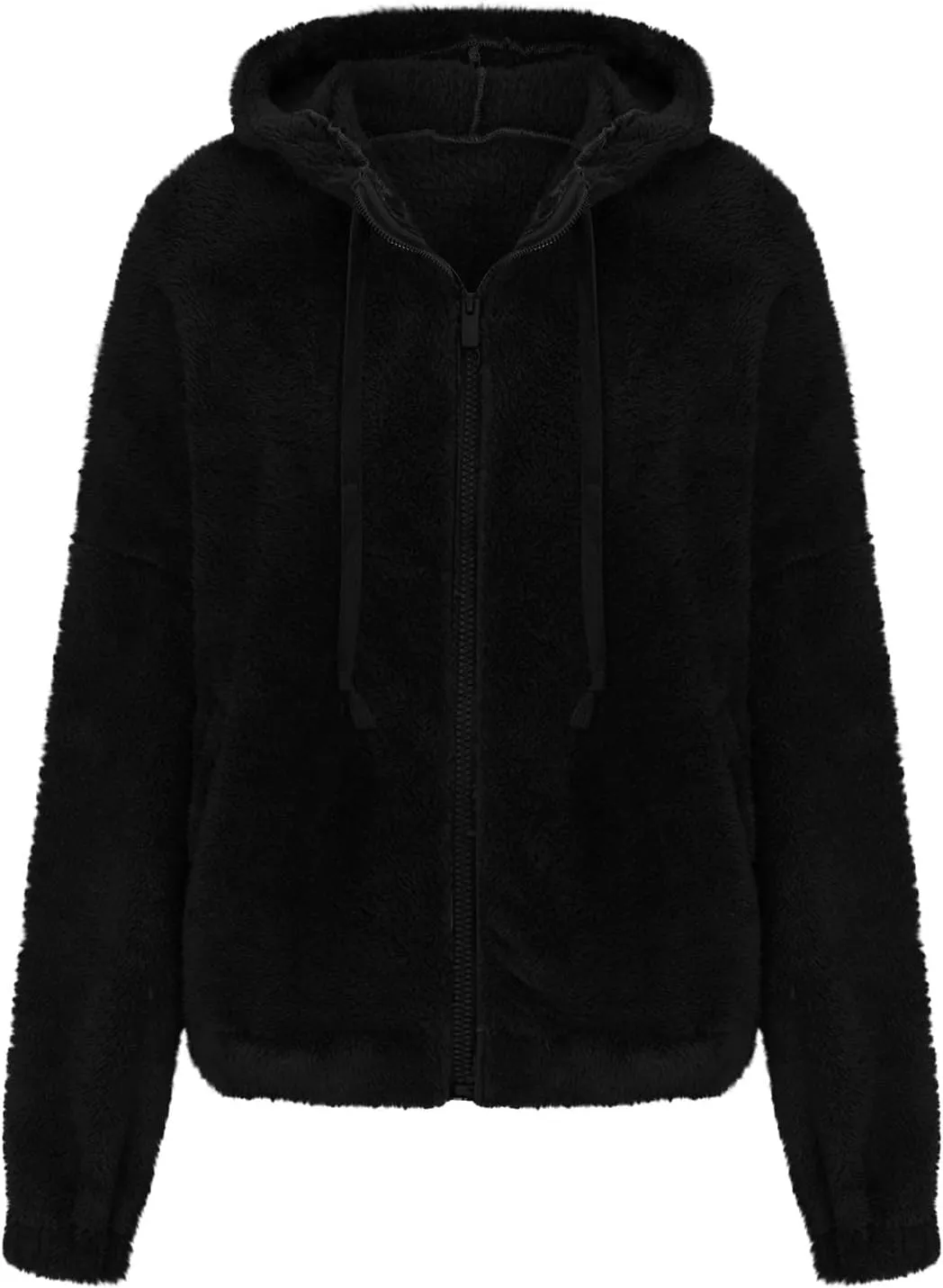Womens Fuzzy Fleece Open Front Hooded Cardigan Jackets Sherpa Drawstring Solid Hoodie Outerwear Coats with Pockets