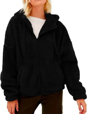 Womens Fuzzy Fleece Open Front Hooded Cardigan Jackets Sherpa Drawstring Solid Hoodie Outerwear Coats with Pockets