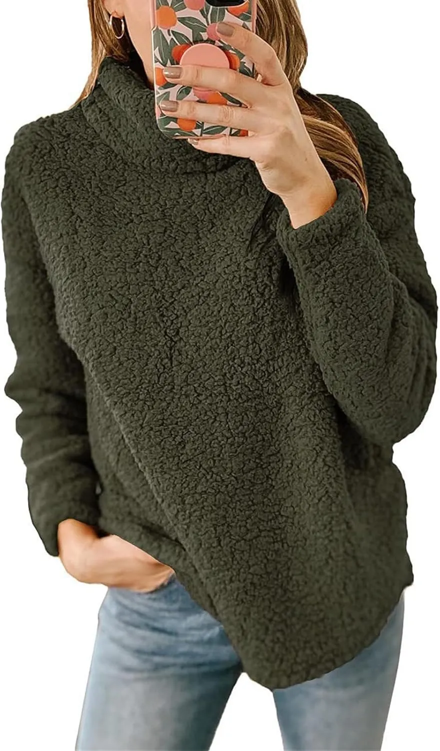 Womens Fuzzy Fleece Pullover Sherpa Sweatshirt Casual Long Sleeve Turtleneck Sweaters Loose Chunky Knit Tops