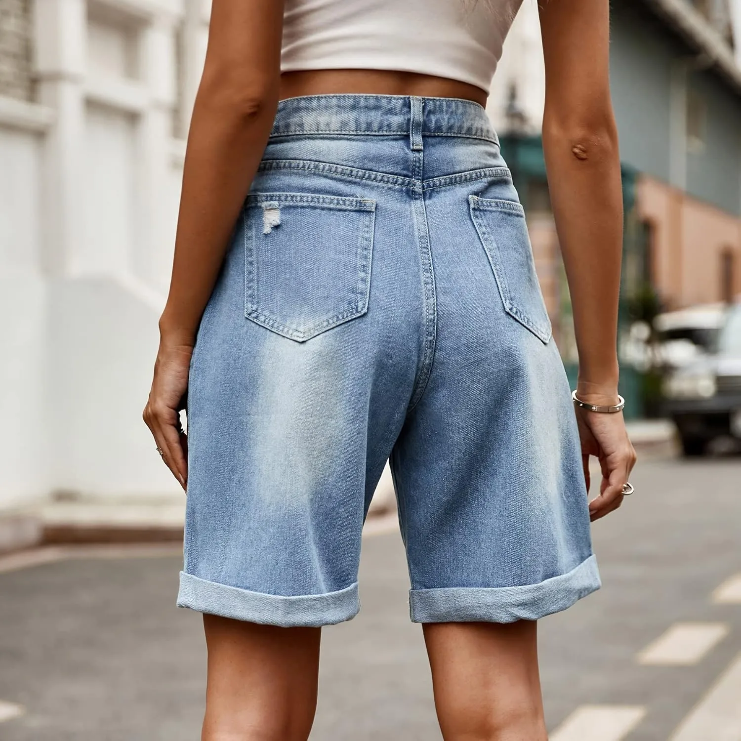 Women's High Waist Long Jean Shorts for Women Girls Denim Shorts Ripped Distressed Jeans Short