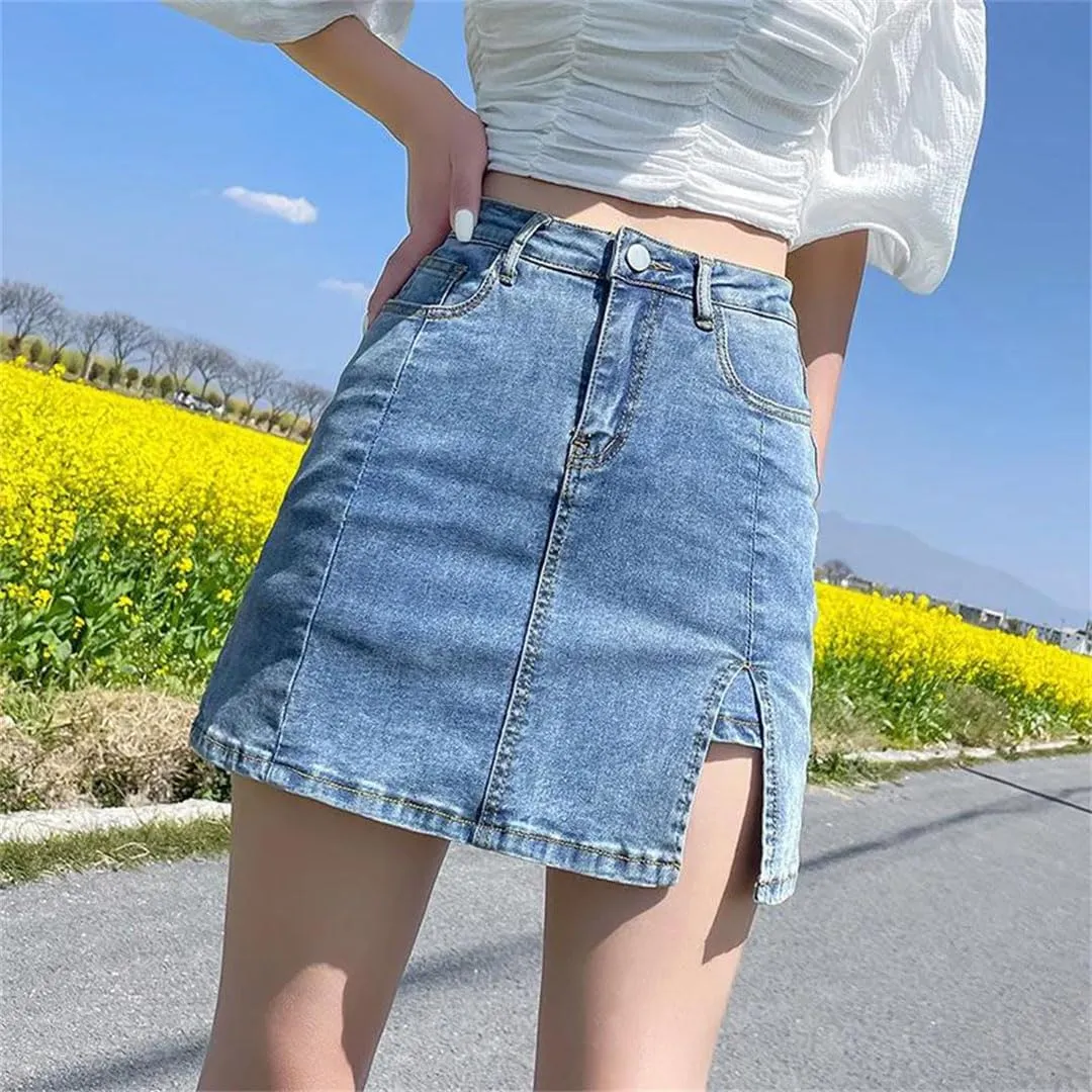 Women's Korean Denim Mini Skirts High Waist A-Line Skirts Vintage Side Split Hip Skirts