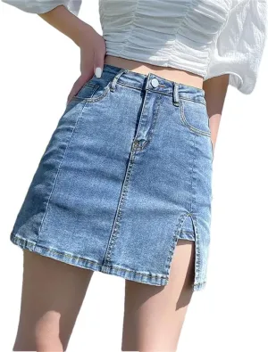 Women's Korean Denim Mini Skirts High Waist A-Line Skirts Vintage Side Split Hip Skirts