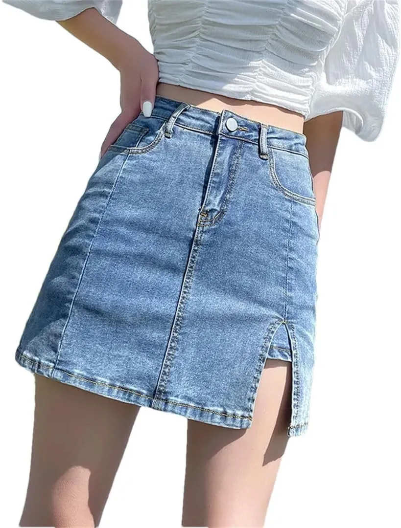 Women's Korean Denim Mini Skirts High Waist A-Line Skirts Vintage Side Split Hip Skirts